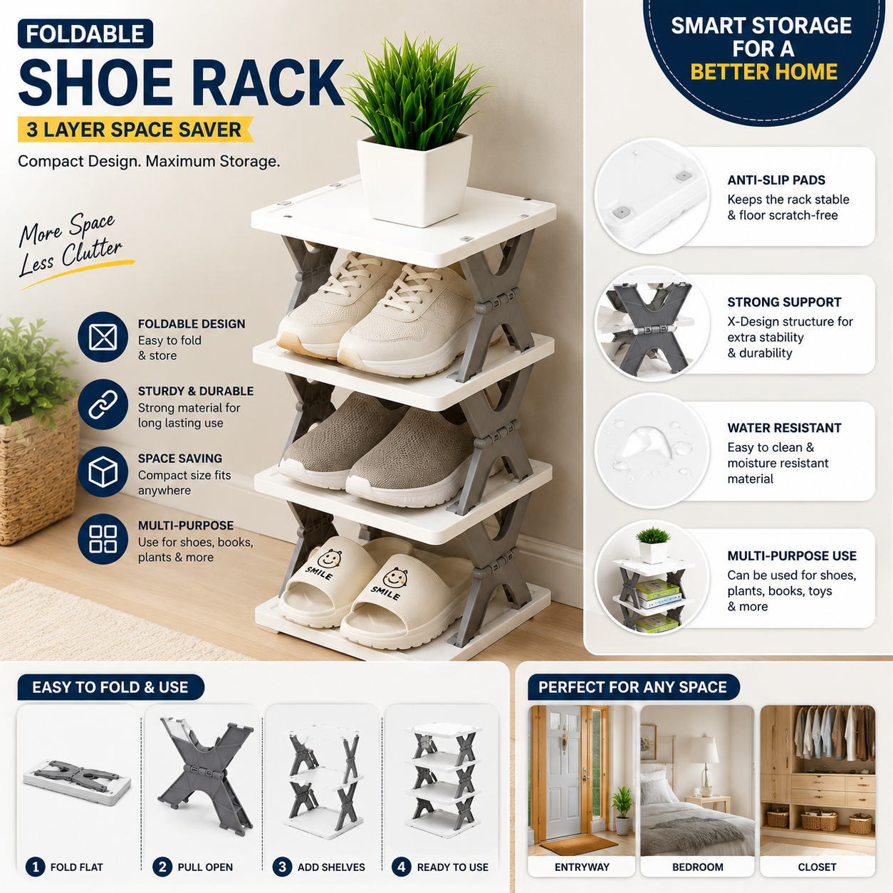 Foldable Space Saving Shoes Rack 3 Layer – Multi-Tier Shoe Organizer for Home, Bedroom & Entryway