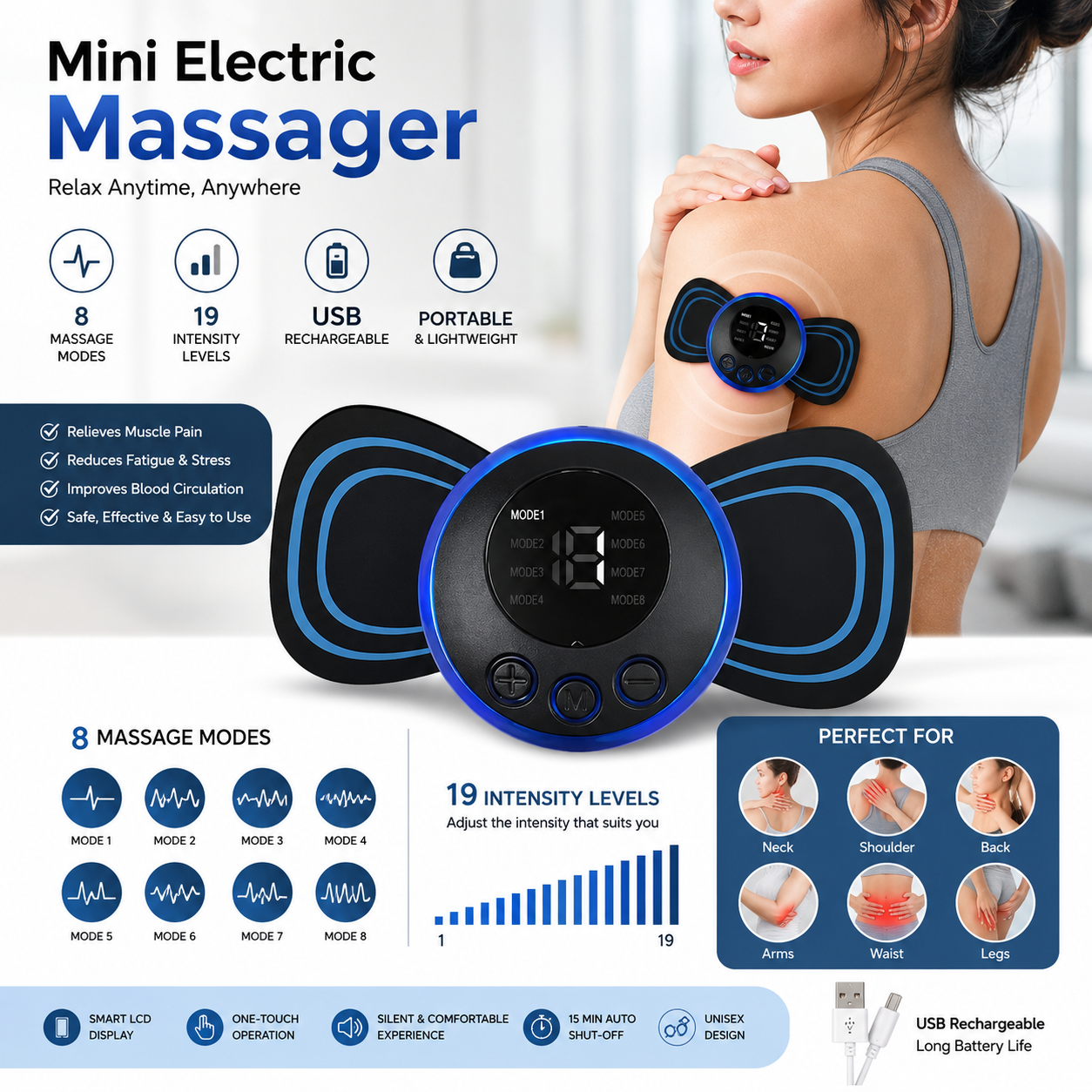 Mini Electric Massager – 8 Modes & 19 Intensity Levels