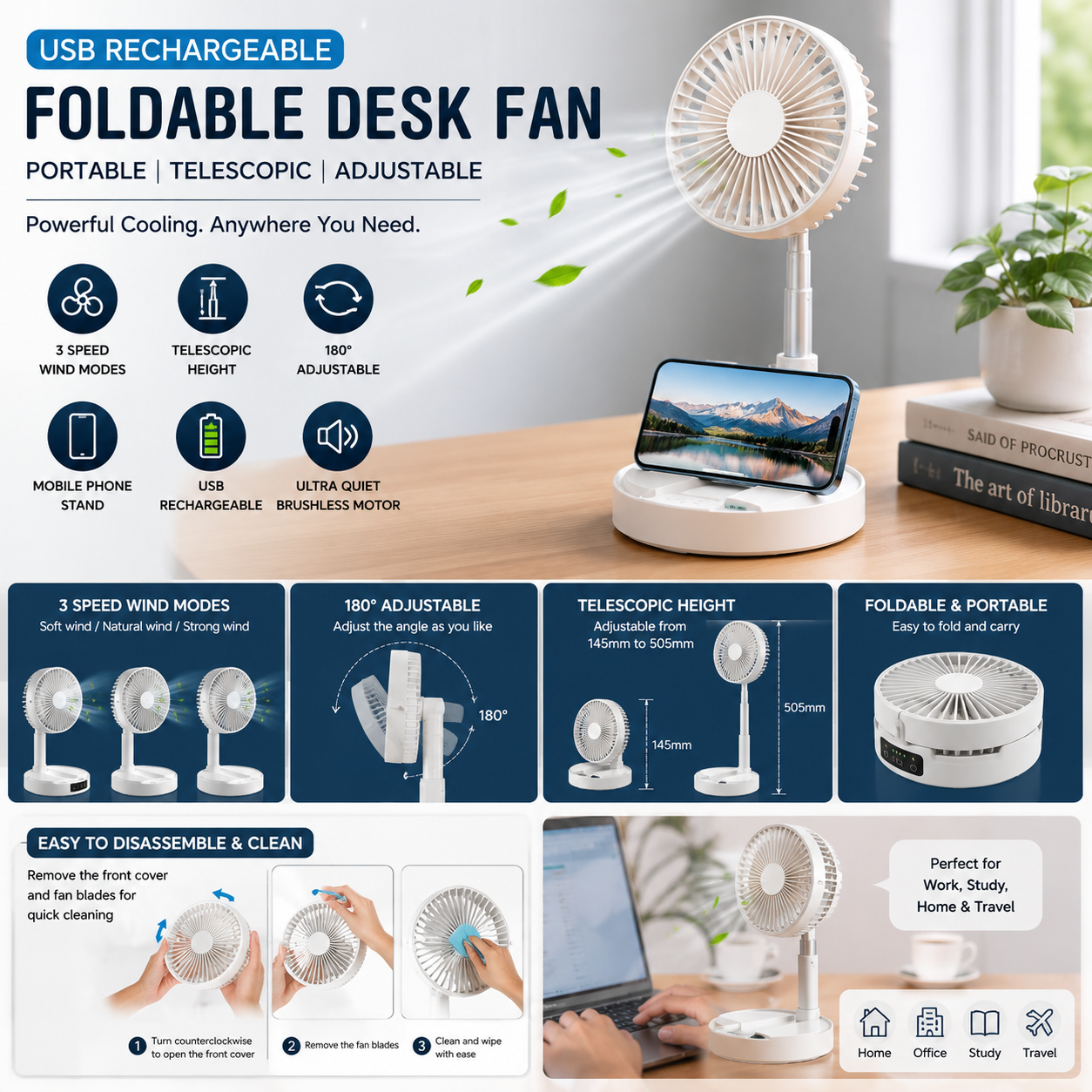 USB Rechargeable Foldable Desk Fan – Portable Telescopic Fan with 3 Speed Control & Phone Stand