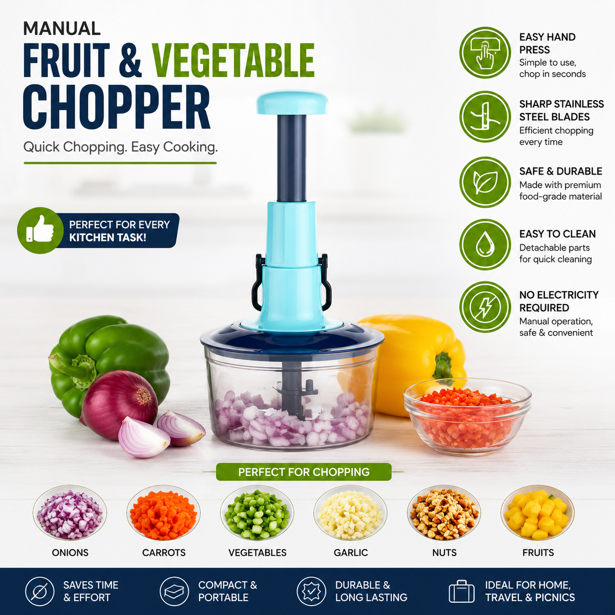 Manual Fruit & Vegetable Chopper – Portable Hand Press Food Cutter