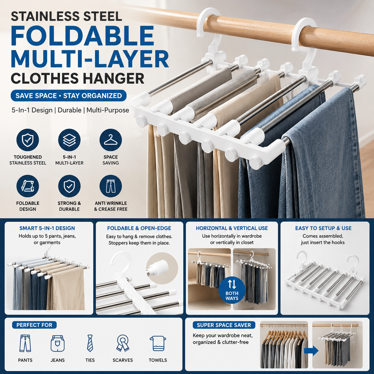Stainless Steel Foldable Clothes Hanger | 5-in-1 Space Saver