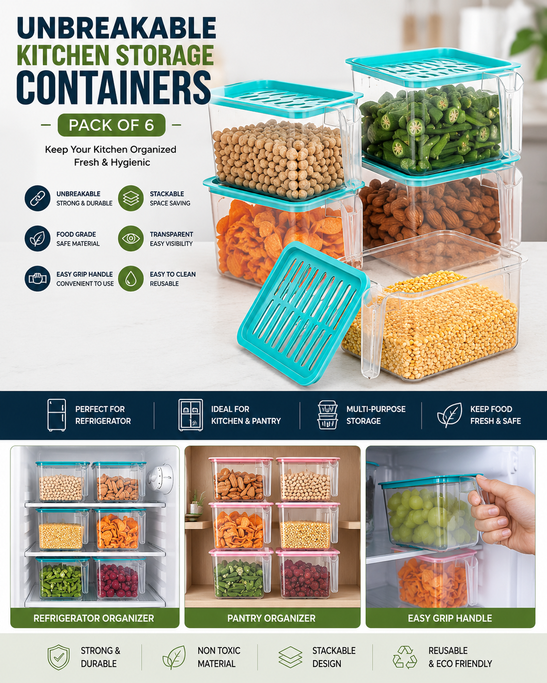 Unbreakable Kitchen Storage Containers Set (Pack of 6)