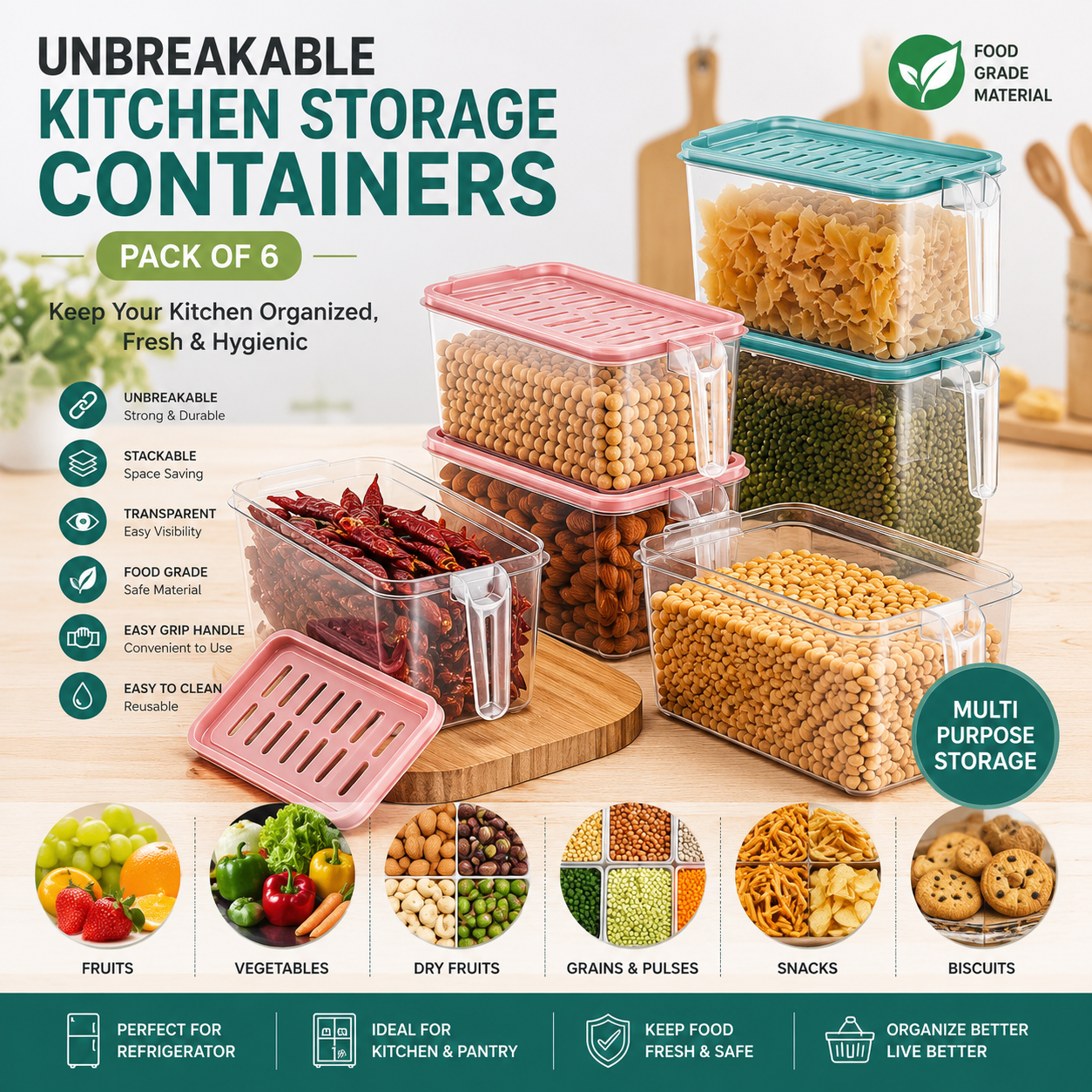 Unbreakable Kitchen Storage Containers Set (Pack of 6)