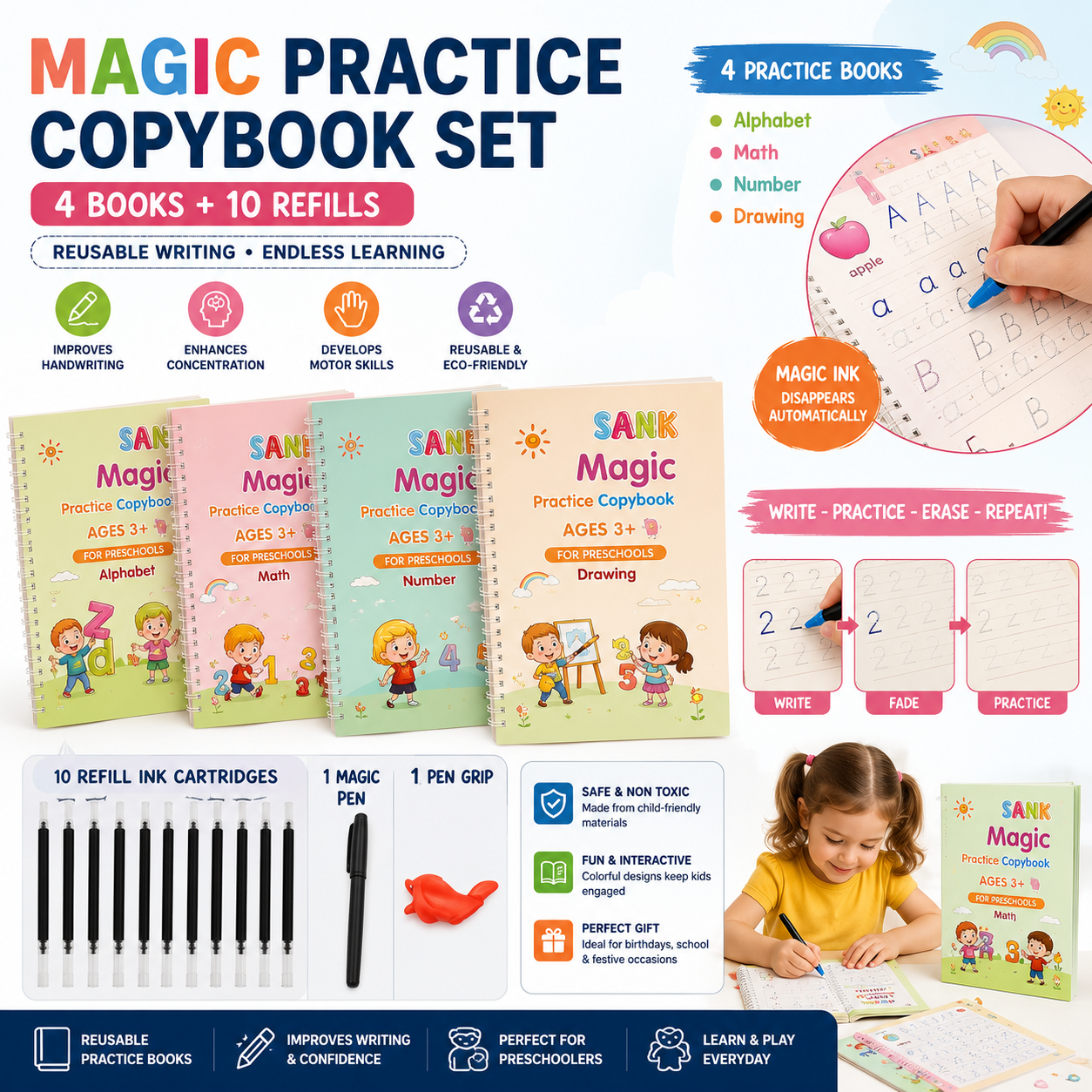 Magic Practice Copybook Set | Reusable Handwriting Books for Kids
