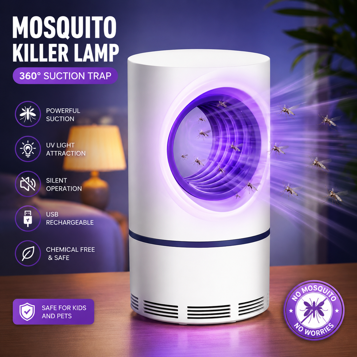 Electronic Mosquito Killer Lamp – USB Rechargeable Bug Zapper & Flying Insect Trap for Home, Bedroom & Office