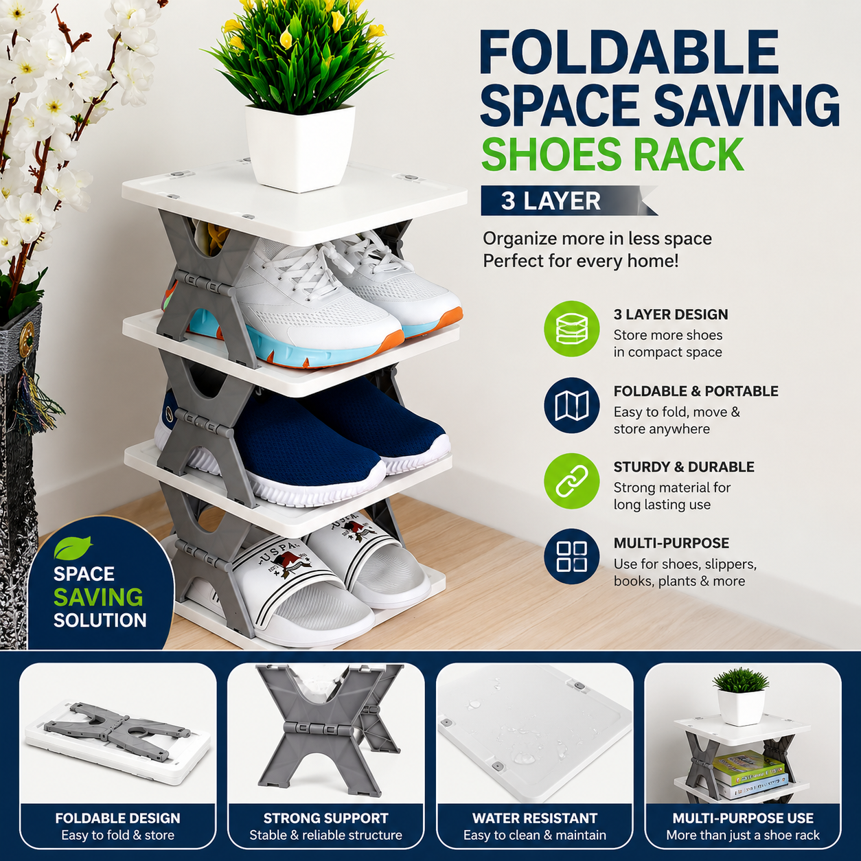Foldable Space Saving Shoes Rack 3 Layer – Multi-Tier Shoe Organizer for Home, Bedroom & Entryway