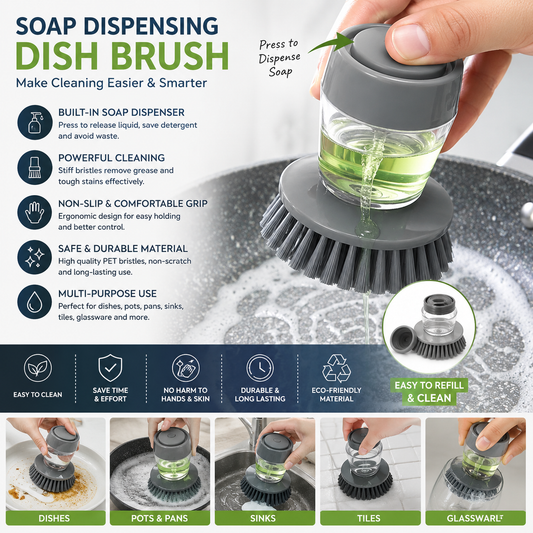 Soap Dispensing Dish Brush – Kitchen Cleaning Brush with Built-in Liquid Dispenser